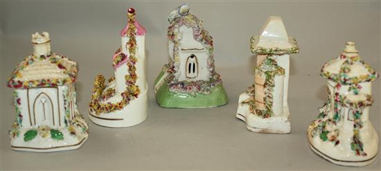 Five Staffordshire porcelain models of cottages and a church, mid 19th century, 10 - 11.5cm